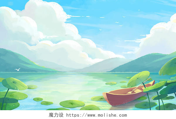 夏天蓝天白云下的湖面小船藏在荷叶中